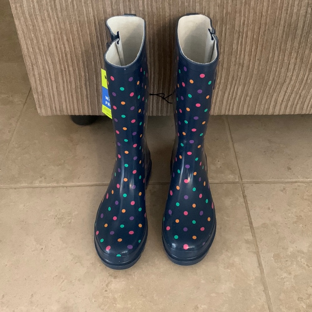 Navy Rain boots with colored dots